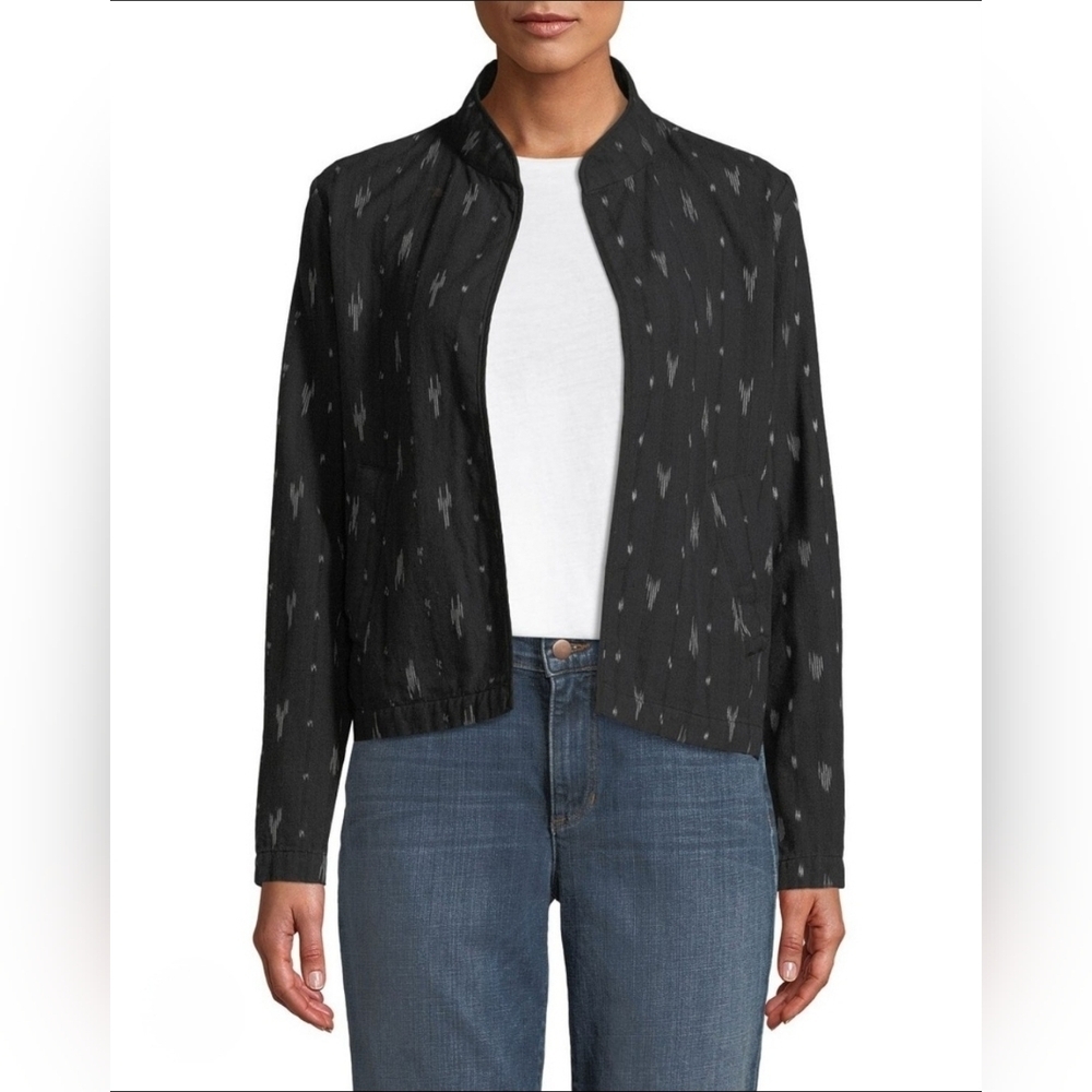 Eileen Fisher Ikat Print Mandarin Collar Short Jacket S Black Organic Cotton